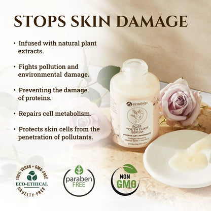 Skincare serum bottle with natural plant extract branding and product benefits listed.