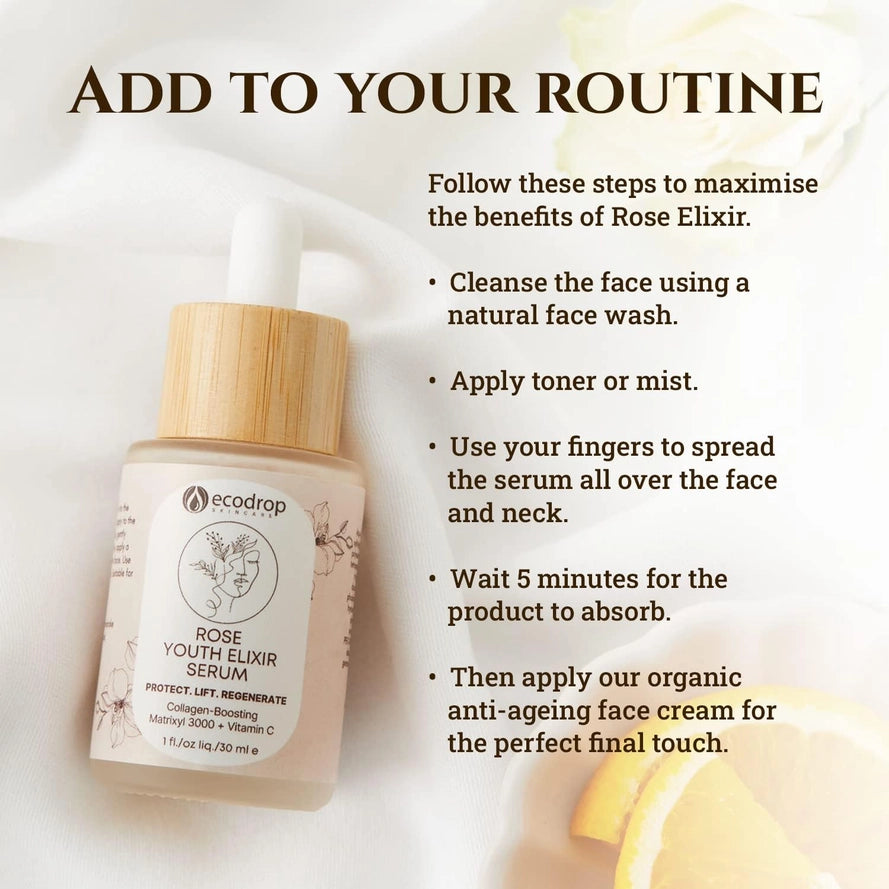 Rose Elixir serum bottle with usage instructions on a light background