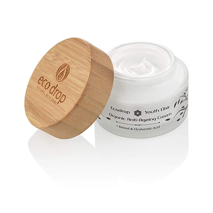 Ecodrop Organic Anti-Ageing Cream with wooden cap on a white background open