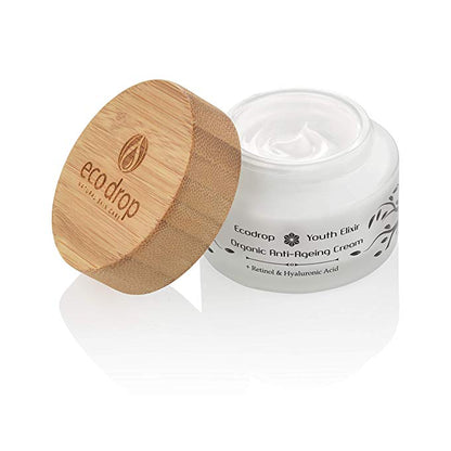 Ecodrop Organic Anti-Ageing Cream with wooden cap on a white background open