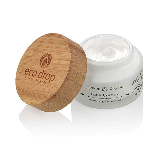 Ecodrop organic face cream jar with open wooden lid on a white background