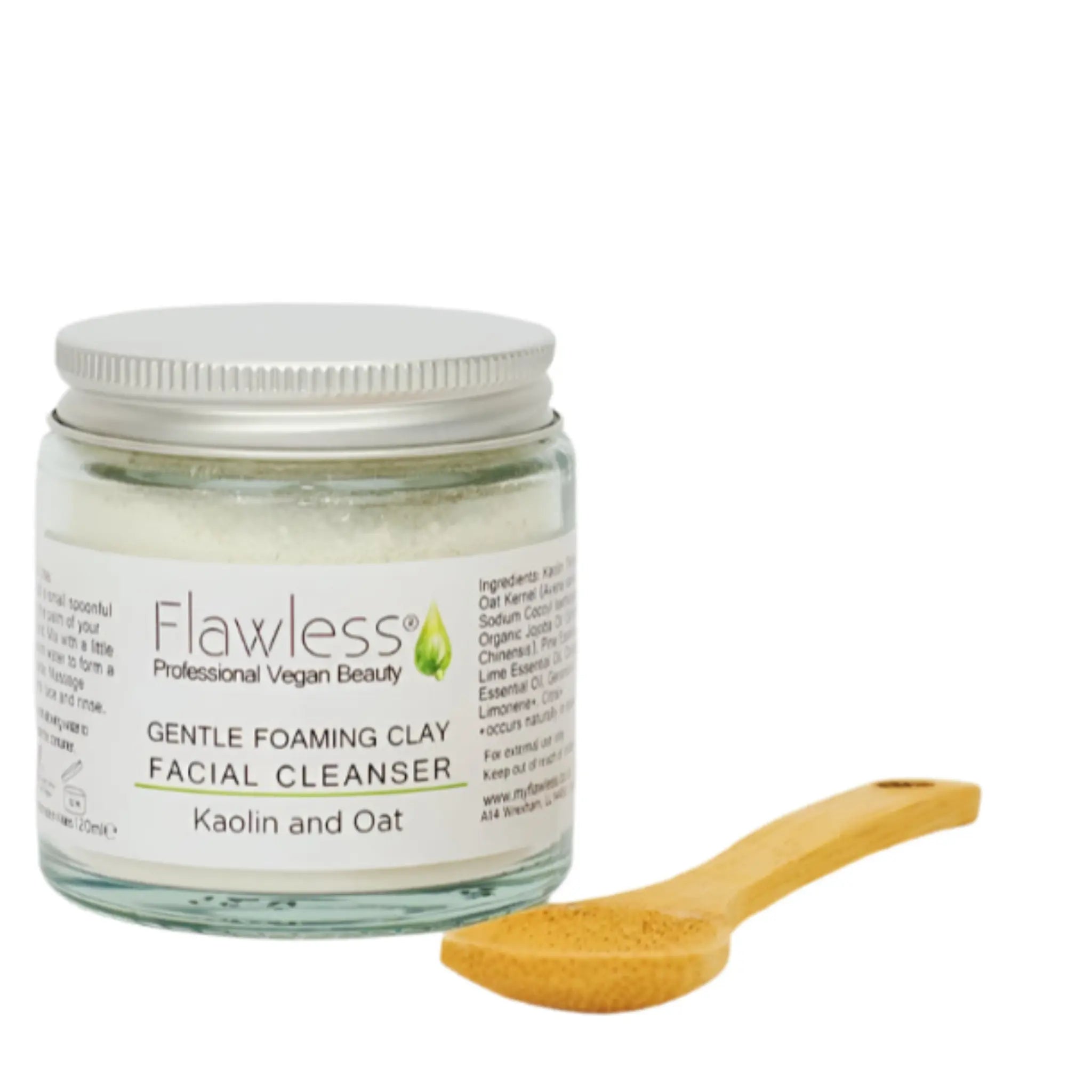 Jar of Flawless Gentle Foaming Clay Facial Cleanser with a wooden spoon on a white background