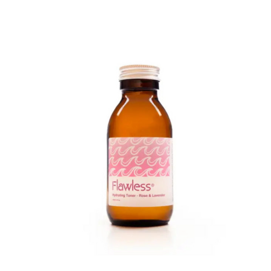 Flawless Hydrating Facial Toner Rose and Lavender in brown bottle and white background, front, lid on