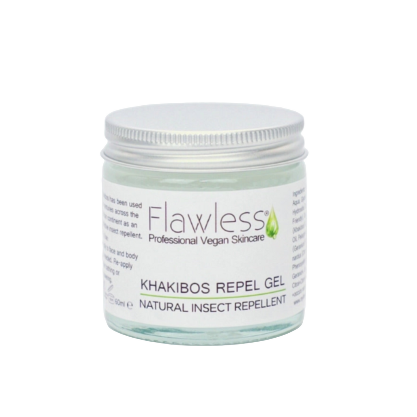 Jar of Flawless Khakibos Repel Gel on a white background, front
