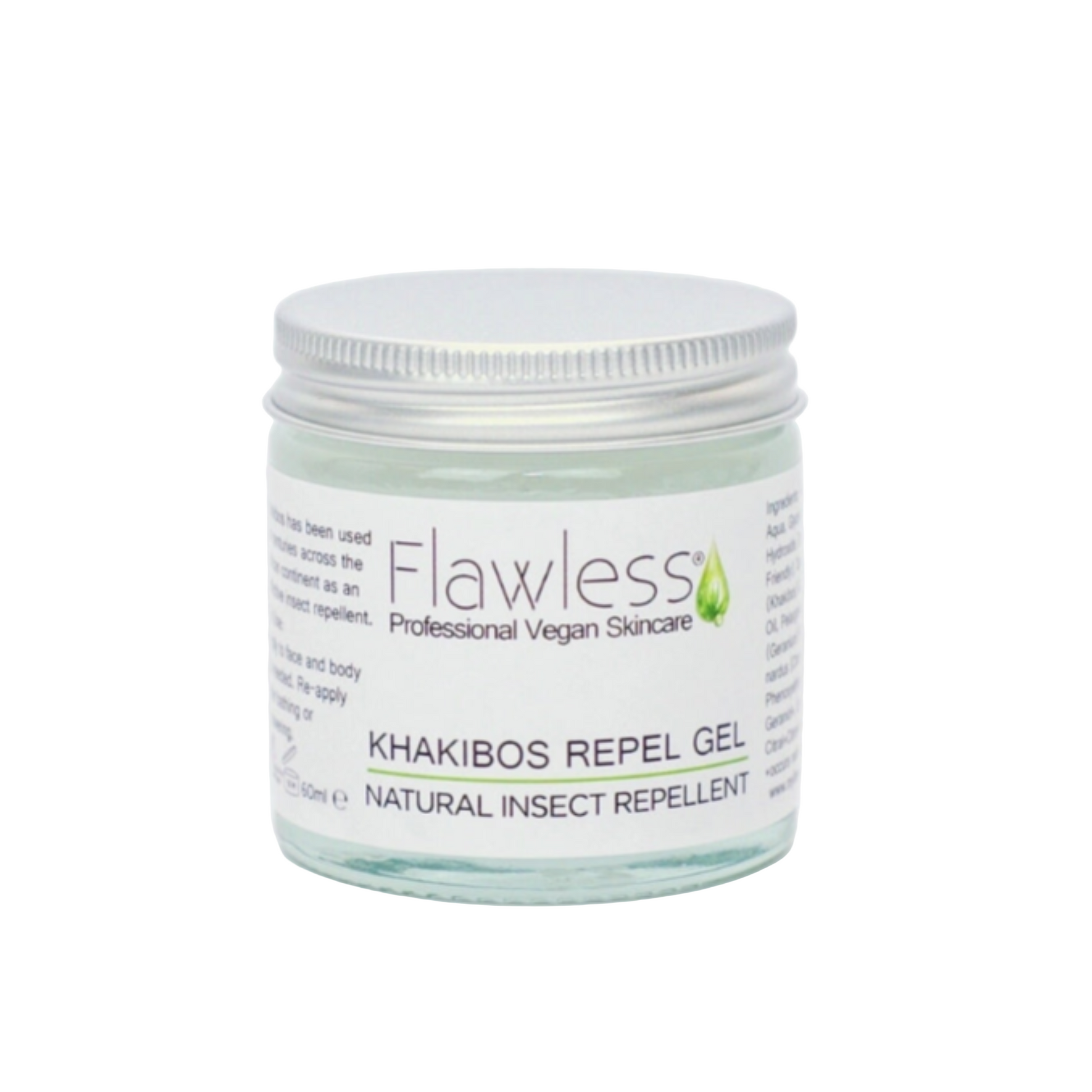 Jar of Flawless Khakibos Repel Gel on a white background, front