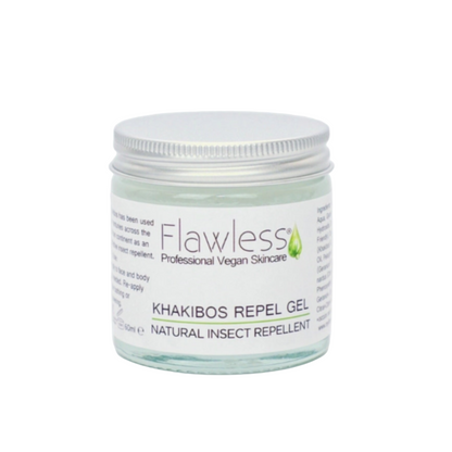 Jar of Flawless Khakibos Repel Gel on a white background, front