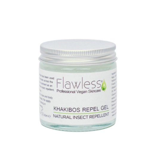 Jar of Flawless Khakibos Repel Gel on a white background, front