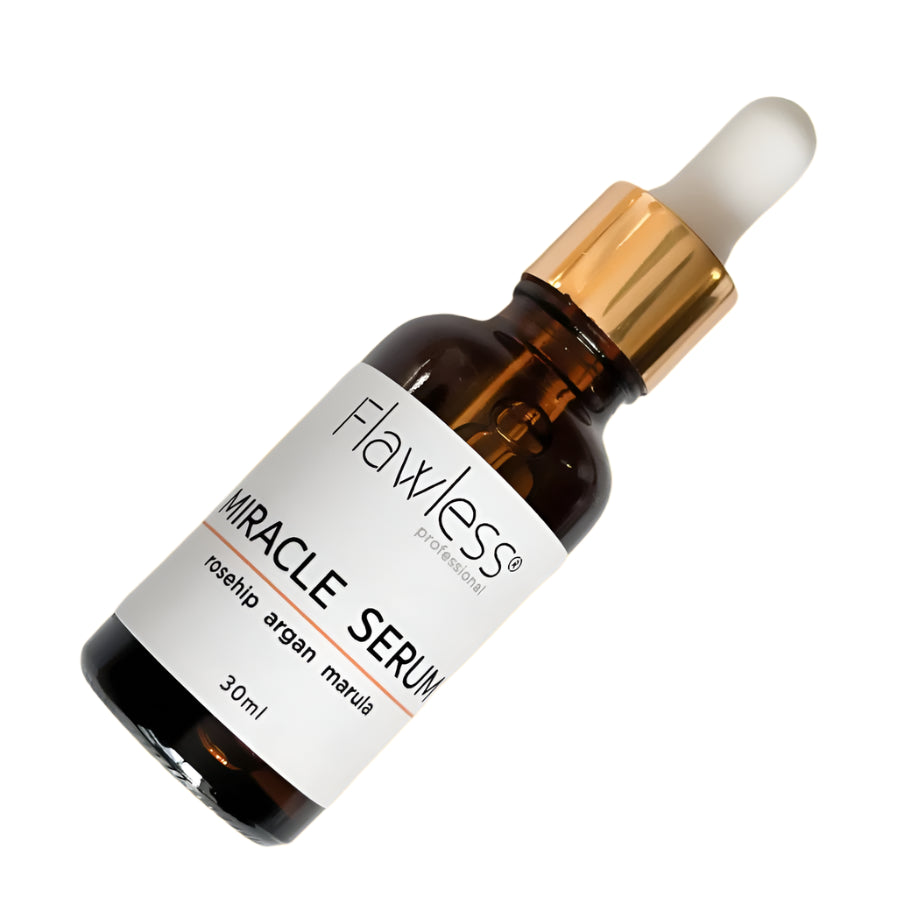 Brown serum bottle with dropper labeled 'Flawless' on a white background, leaning to the side