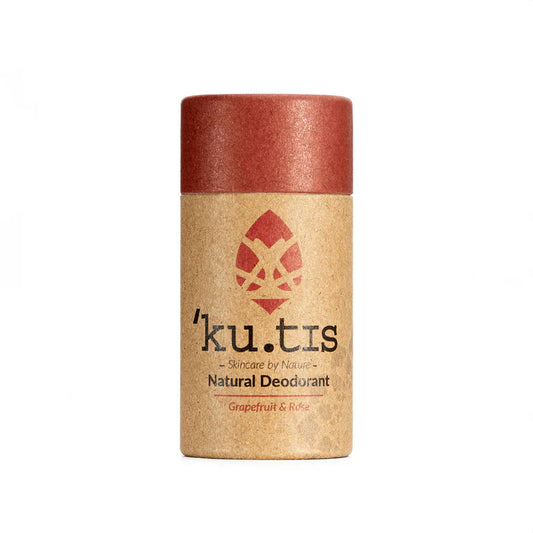 Kutis Grapefruit & Rose Natural Beeswax Deodorant, on white background, lid on front view