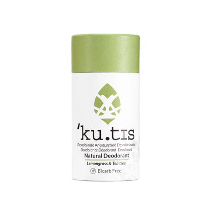 kutis Lemongrass & Teatree Bicarb Free Natural Deodorant on white background, front, with lid on
