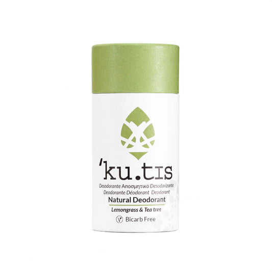 kutis Lemongrass & Teatree Bicarb Free Natural Deodorant on white background, front, with lid on