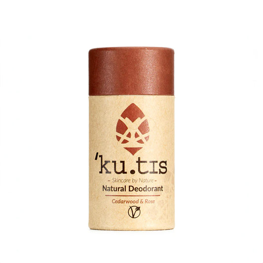Kutis natural deodorant container with brown lid on a white background, front