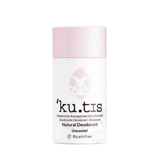 kutis Unscented Bicarb Free Vegan Natural Deodorant, front view, lid on, pink cap on white background