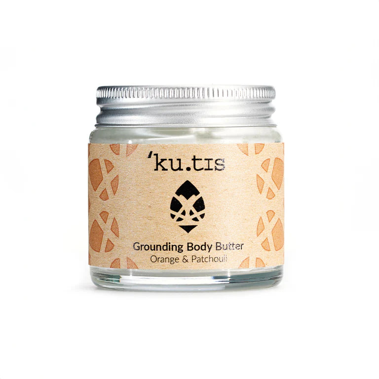Jar of 'ku.tis' grounding body butter with a white background, front