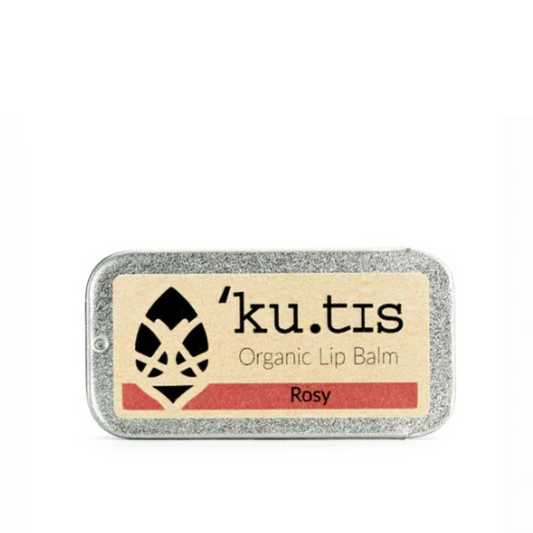 Kutis Organic Lip Balm in Rosy color on a white background, lid on front
