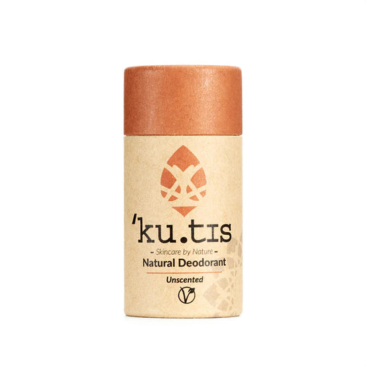Kutis Unscented Vegan Natural Deodorant, front view, white background, lid on