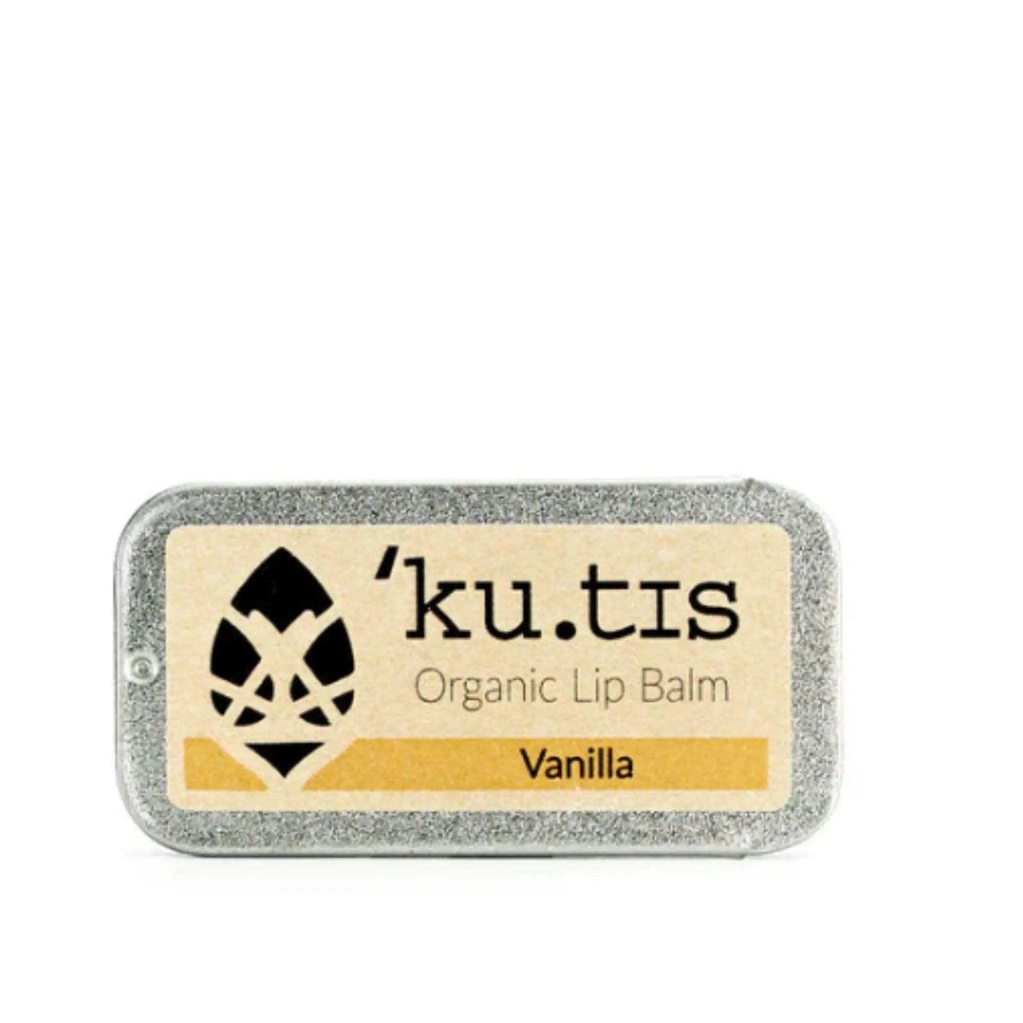 kutis Vanilla Lip Balm, white background closed lid front