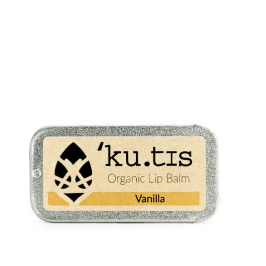 kutis Vanilla Lip Balm, white background closed lid front