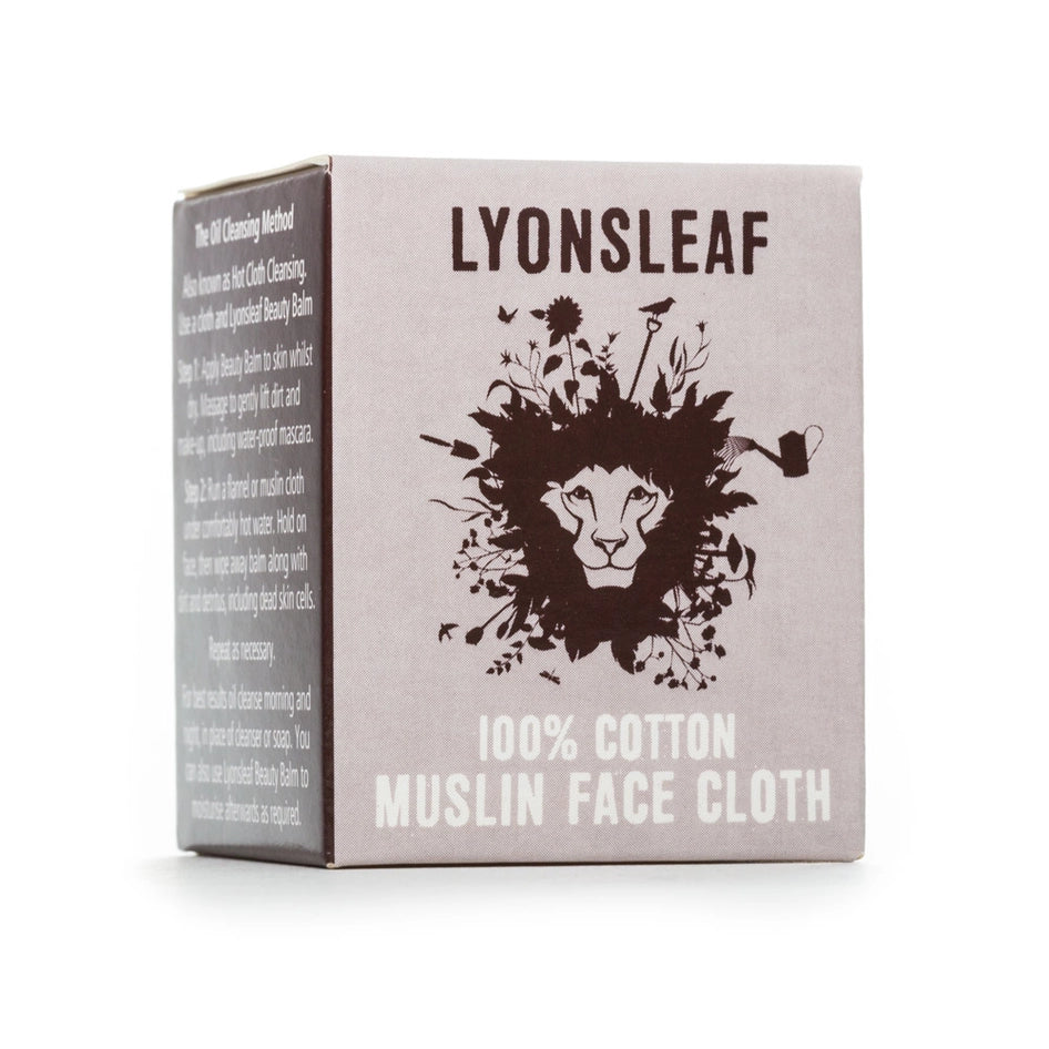 Box of Lyonsleaf 100% cotton muslin face cloth on a white background