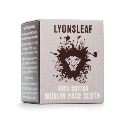Box of Lyonsleaf 100% cotton muslin face cloth on a white background