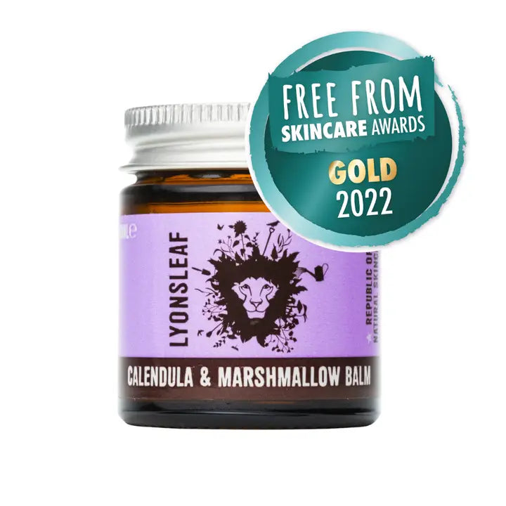 Bottle of Lyonsleaf Calendula & Marshmallow Balm with a gold 2022 Free From Skincare Awards badge on a white background.