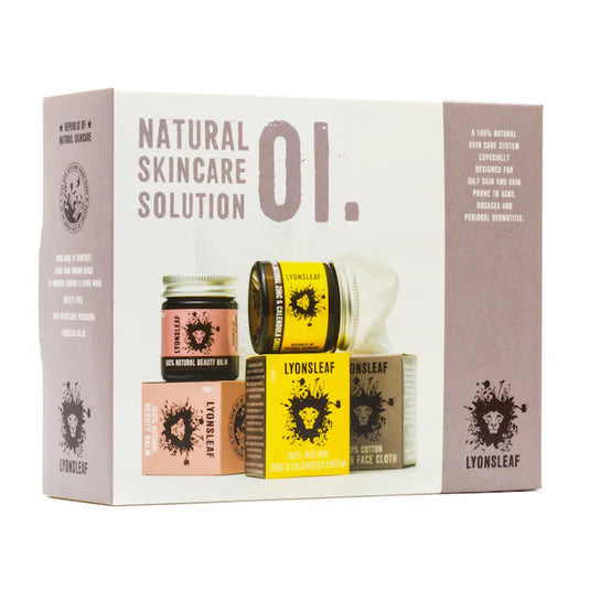 LYONSLEAF natural skincare solution packaging with jars and a cloth on a white background