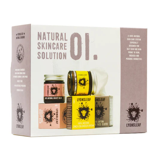 LYONSLEAF natural skincare solution packaging with jars and a cloth on a white background