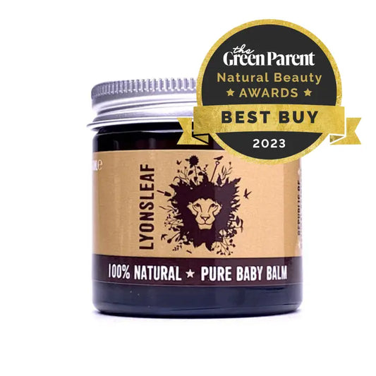 Jar of Lyonsleaf pure baby balm with 'The Green Parent' award badge on a white background