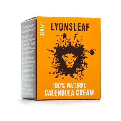 Orange box of Lyonsleaf 100% Natural Calendula Cream with a lion design on a white background