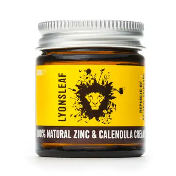 Jar of Lyonsleaf 100% Natural Zinc & Calendula Cream with yellow label and silver lid.