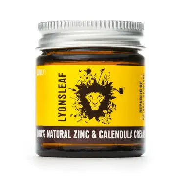 Jar of Lyonsleaf 100% Natural Zinc & Calendula Cream with yellow label and silver lid.