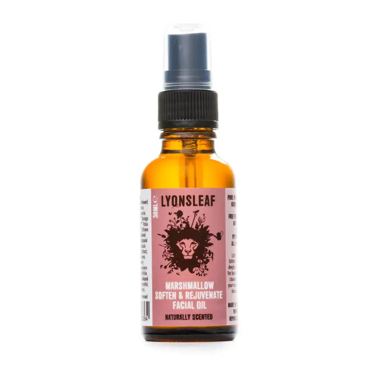 Marshmallow soften and rejuvenate Facial oil bottle with pink label on a white background