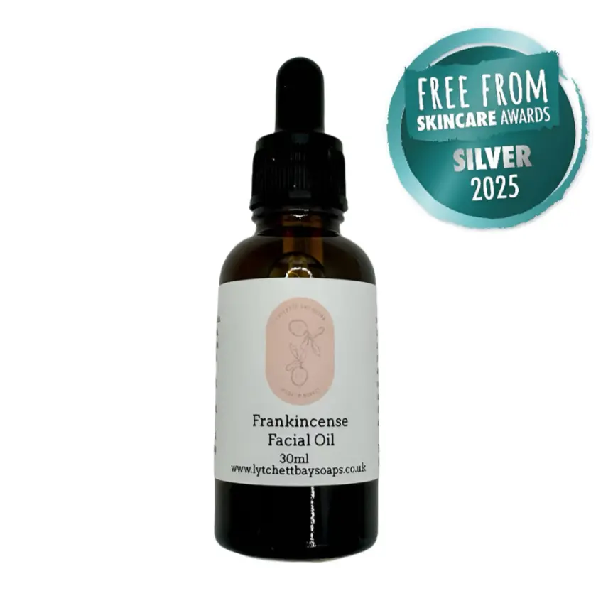 Bottle of Frankincense Facial Oil with a 'Free From Skincare Awards Silver 2025' badge on a white background