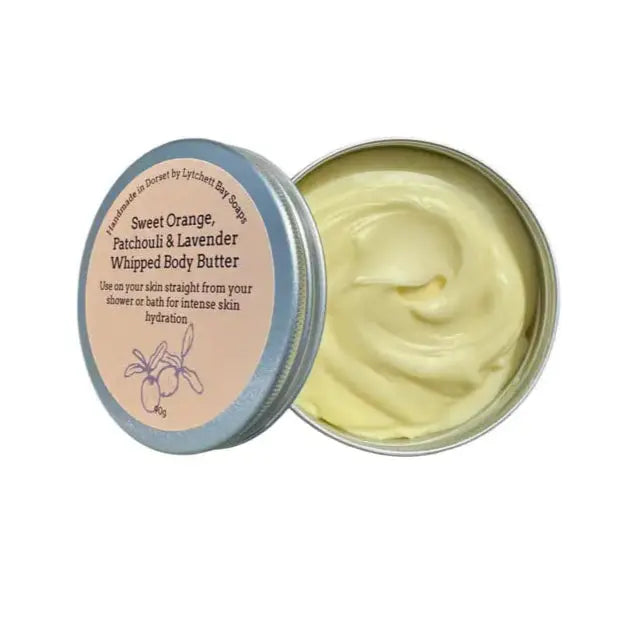 Lytchett Bay Soaps Open tin of Sweet Orange, Patchouli & Lavender Whipped Body Butter on a white background