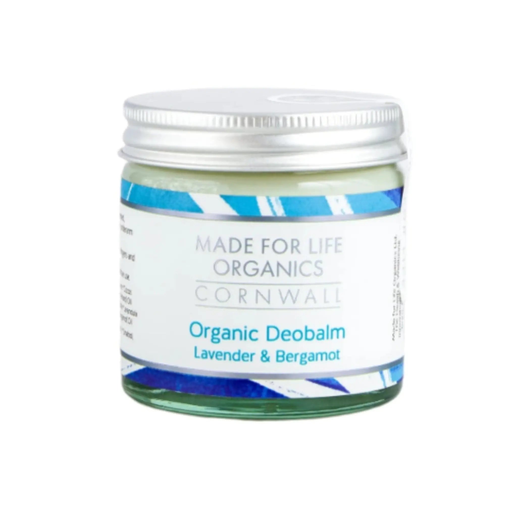 Made For Life Organics deobalm Lavender & Bergamot Natural deodorant 60ml in a glass jar and silver top. Front view on white background.
