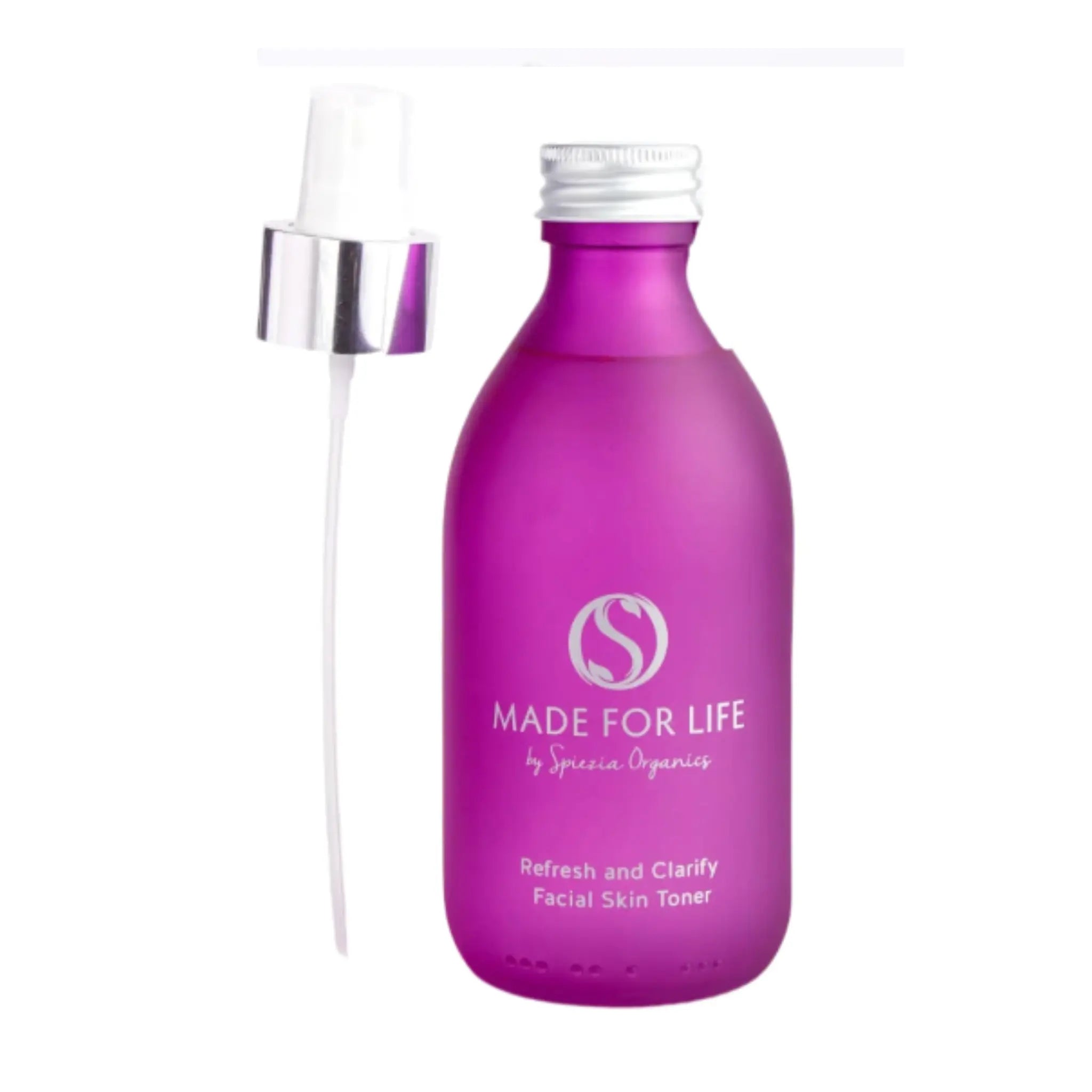 Purple Made for Life by Spiezia Refresh and Clarity Facial Skin Toner 250ml front view with spray option. On a white background.