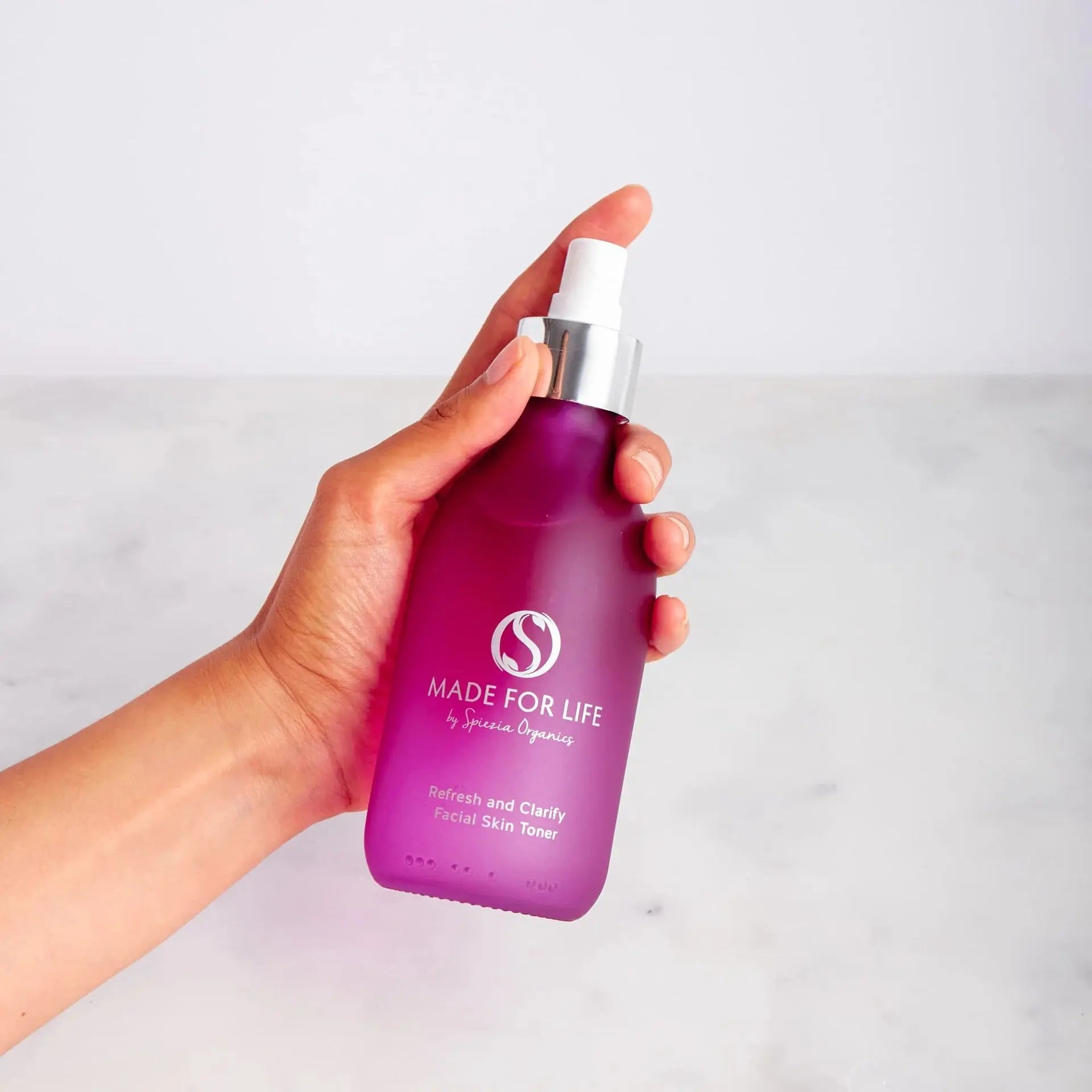 Made for Life by Spiezia Refresh and Clarity Facial Skin Toner 250ml in hand, front view, on a white background.