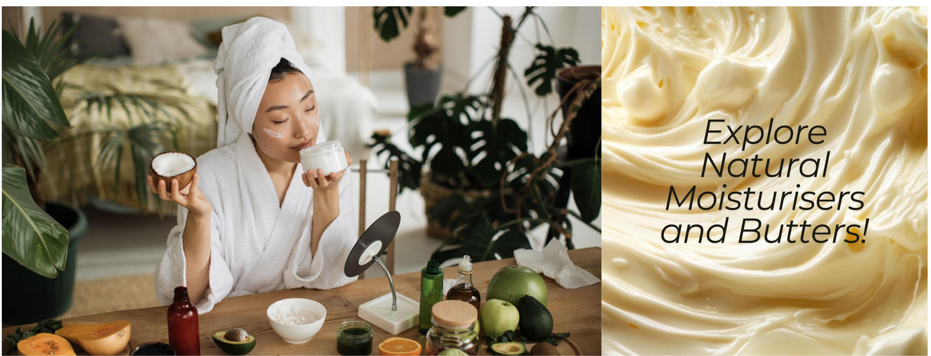 Woman in a spa setting with plants and skincare products, alongside a close-up of whipped cream with text promoting natural moisturizers.
