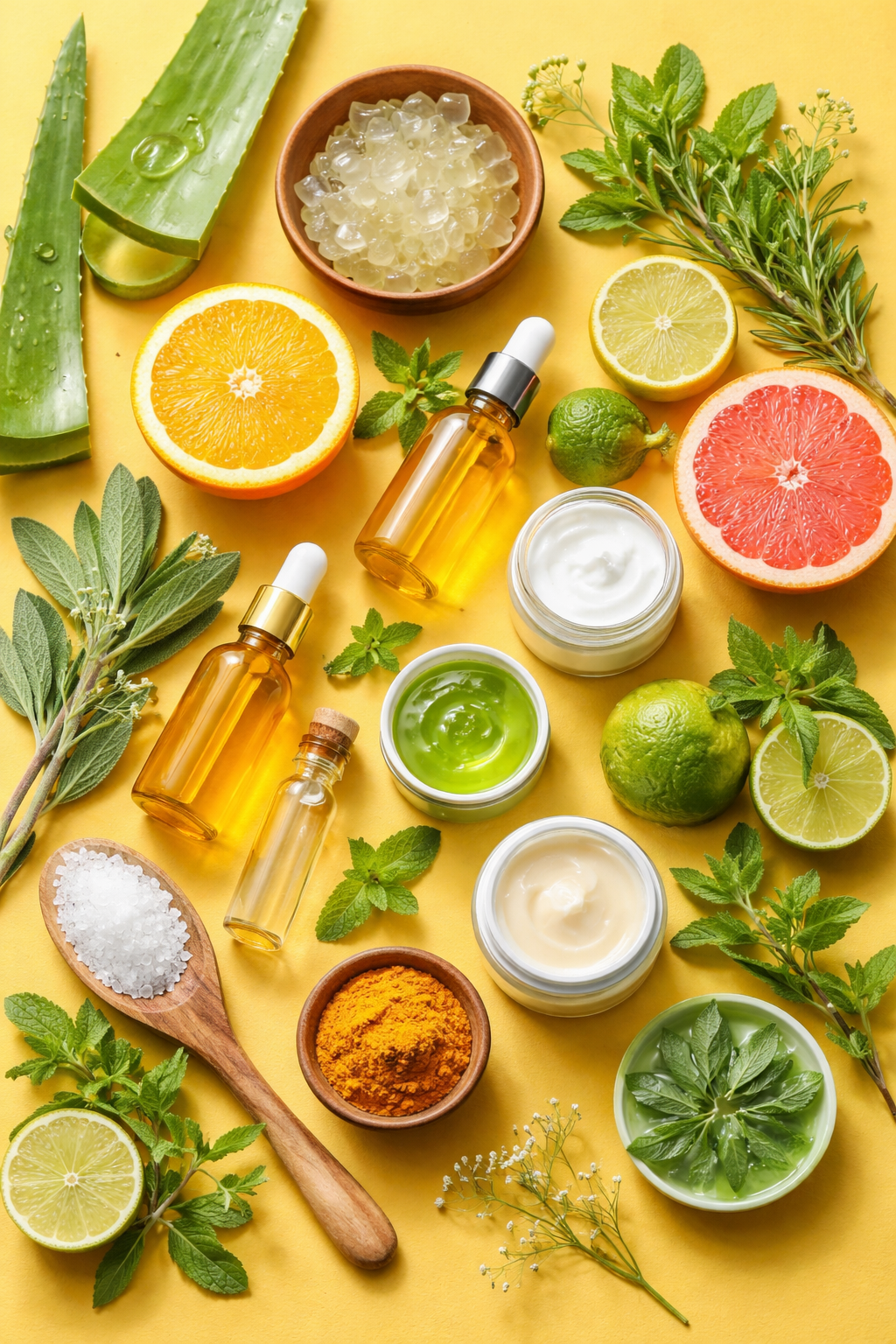 Natural ingredients and skincare products on a yellow background