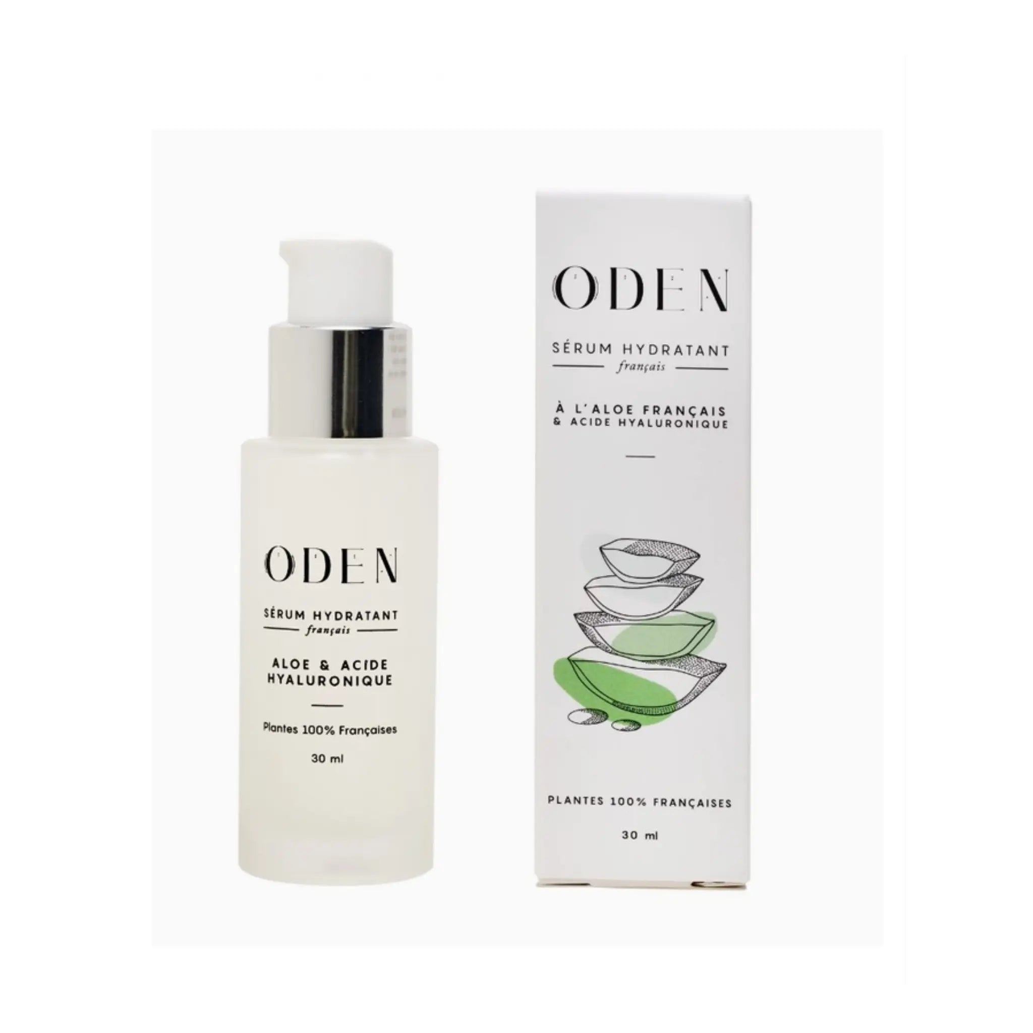 ODEN serum bottle of aloe and acide hyaluronique serum. packaging on a white background