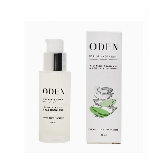 ODEN serum bottle of aloe and acide hyaluronique serum. packaging on a white background