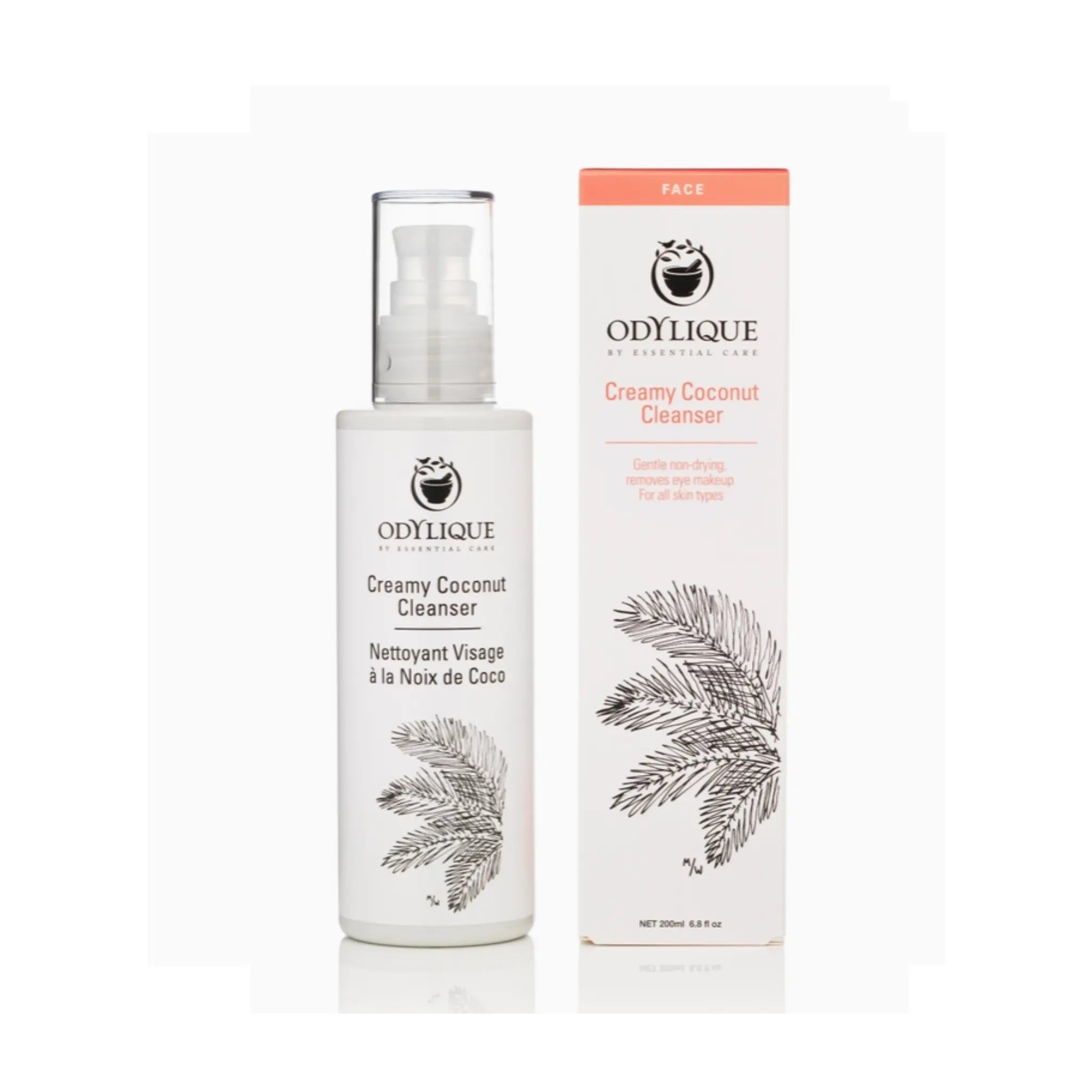 Odylique creamy coconut cleanser bottle with box. Frontal, white background