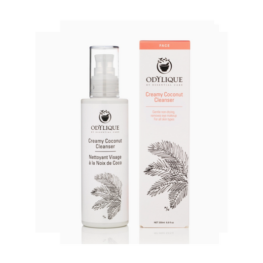 Odylique creamy coconut cleanser bottle with box. Frontal, white background