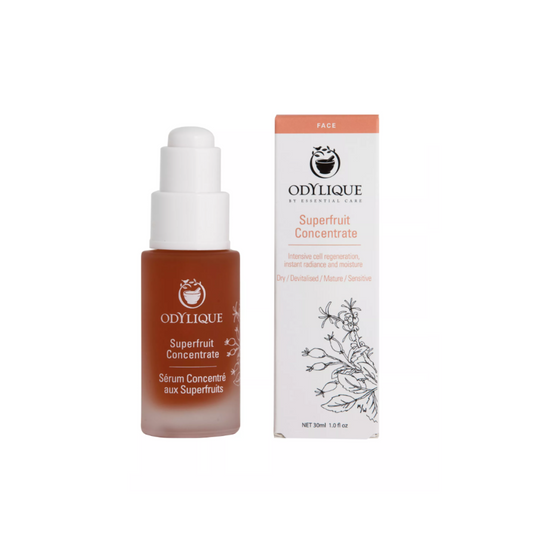Odylique Superfruit Concentrate serum bottle and packaging on a white background