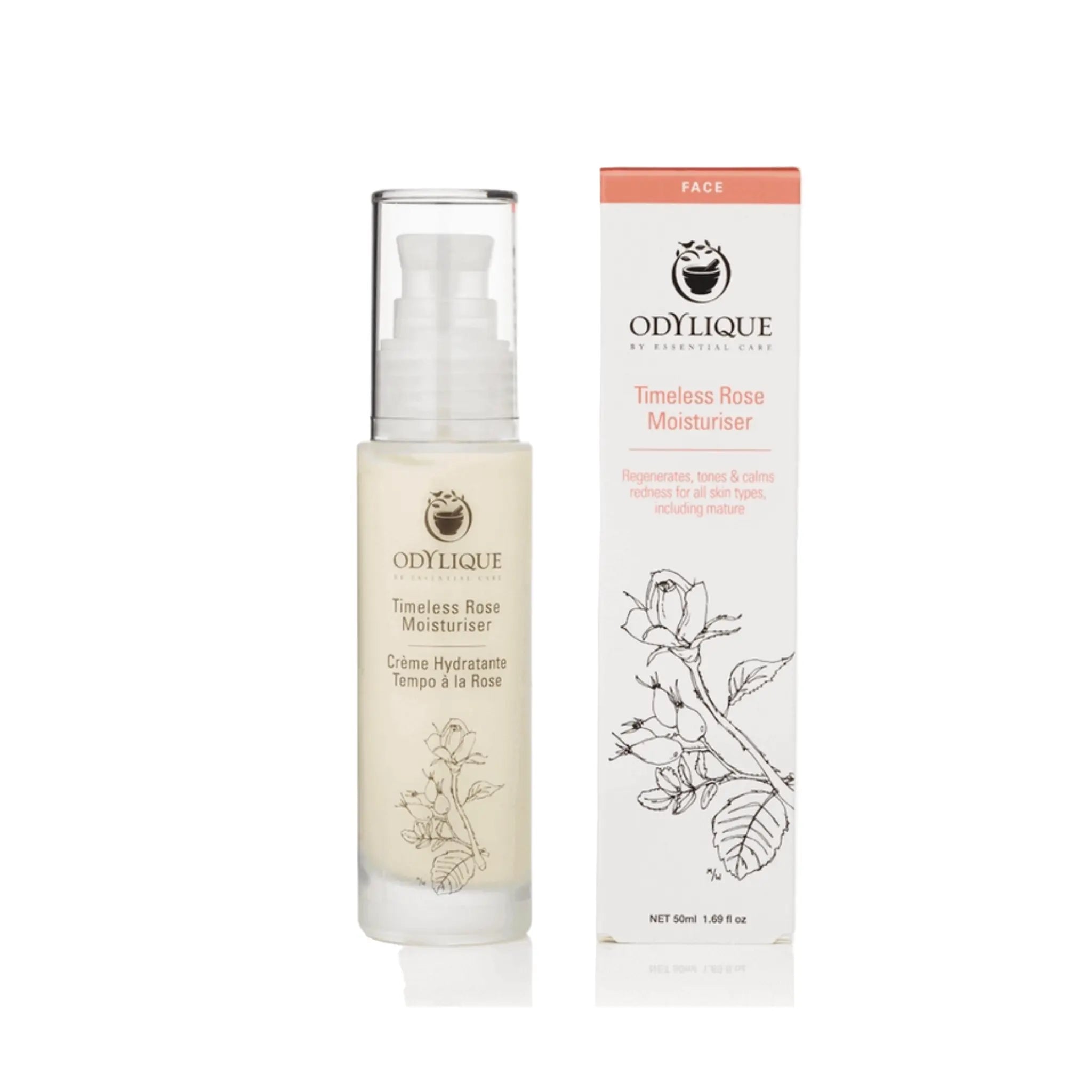 Odylique Timeless Rose Moisturizer with packaging on a white background