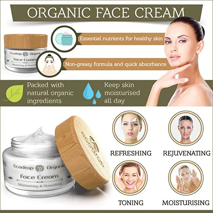 ecodrop Advertisement for Organic Face Cream with product and benefits highlighted