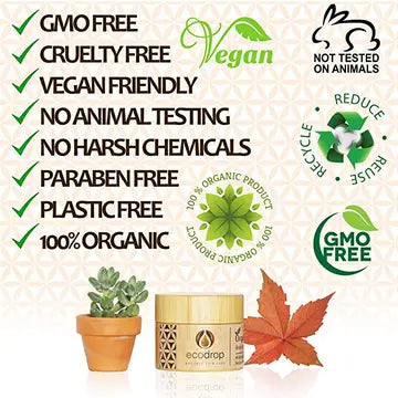 ecodrop Cosmetic jar with eco-friendly and organic certification logos on a light background