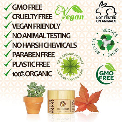 ecodrop Cosmetic jar with green leaf and plant elements, promoting eco-friendly and organic products.