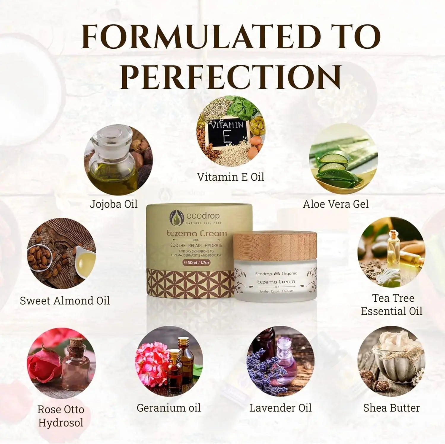 ecodrop Eczema cream with ingredients like Vitamin E oil, Jojoba oil, and Aloe Vera gel displayed around it.