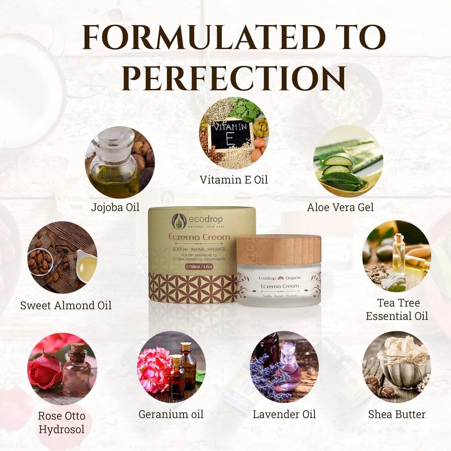 ecodrop Eczema cream with ingredients like Vitamin E oil, Jojoba oil, and Aloe Vera gel displayed around it.